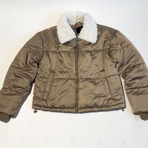 7 For All Mankind Puffer Jacket with Faux Fur Collar - Tan - Size S